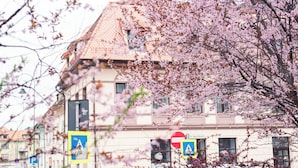 A building with a traditional architectural style, featuring a tiled roof and a sign indicating a pedestrian zone. - Ataraxya Premium Residence (Brasov)
