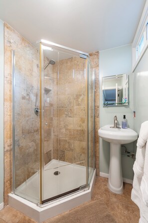 A shower with a glass door, a sink, and a mirror.