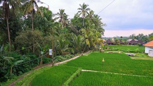 A lush green rice field with a few houses in the background. - Hening Suite Ubud (Tegallalang)