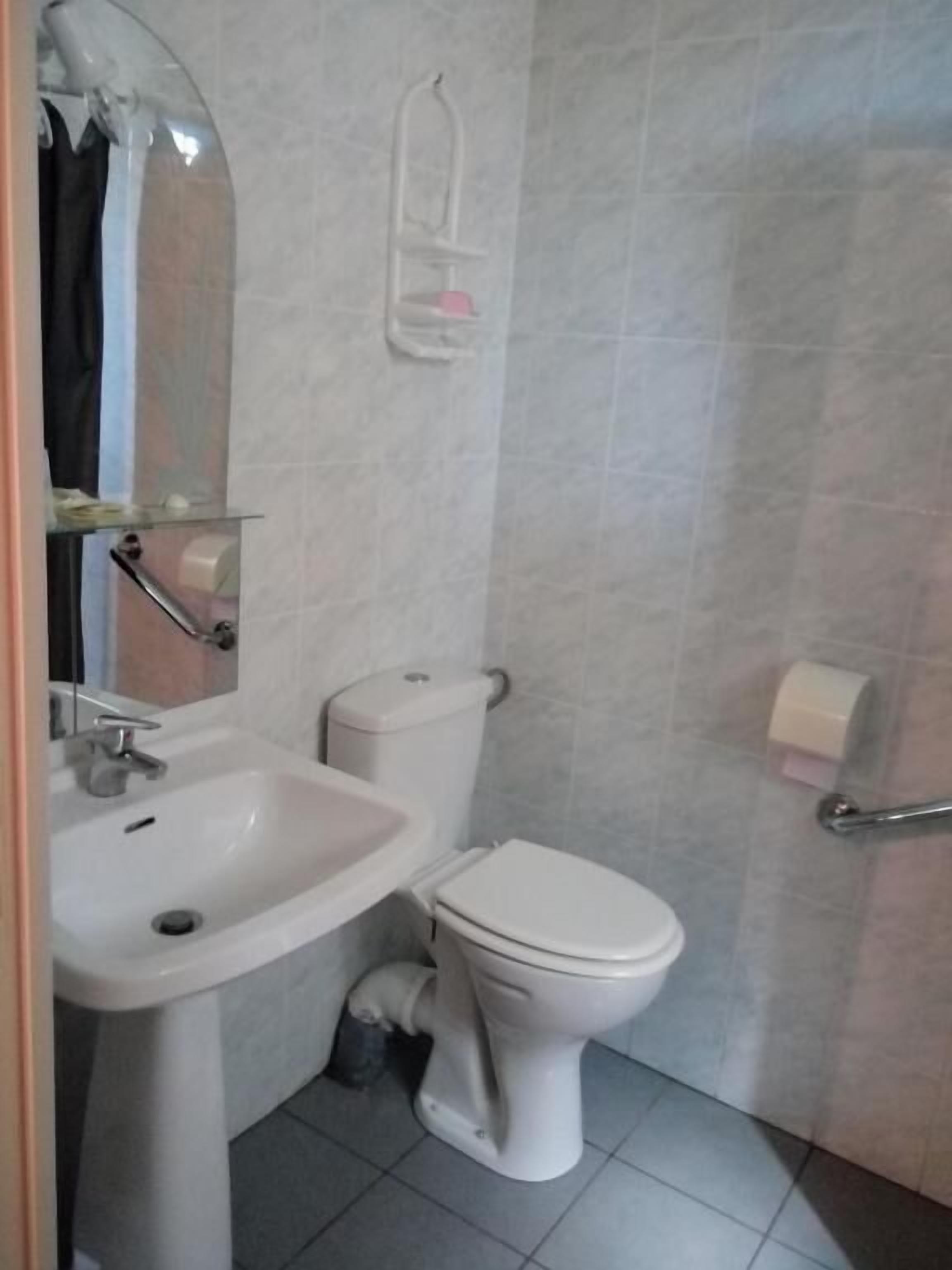 A bathroom with a sink, toilet, and a mirror.