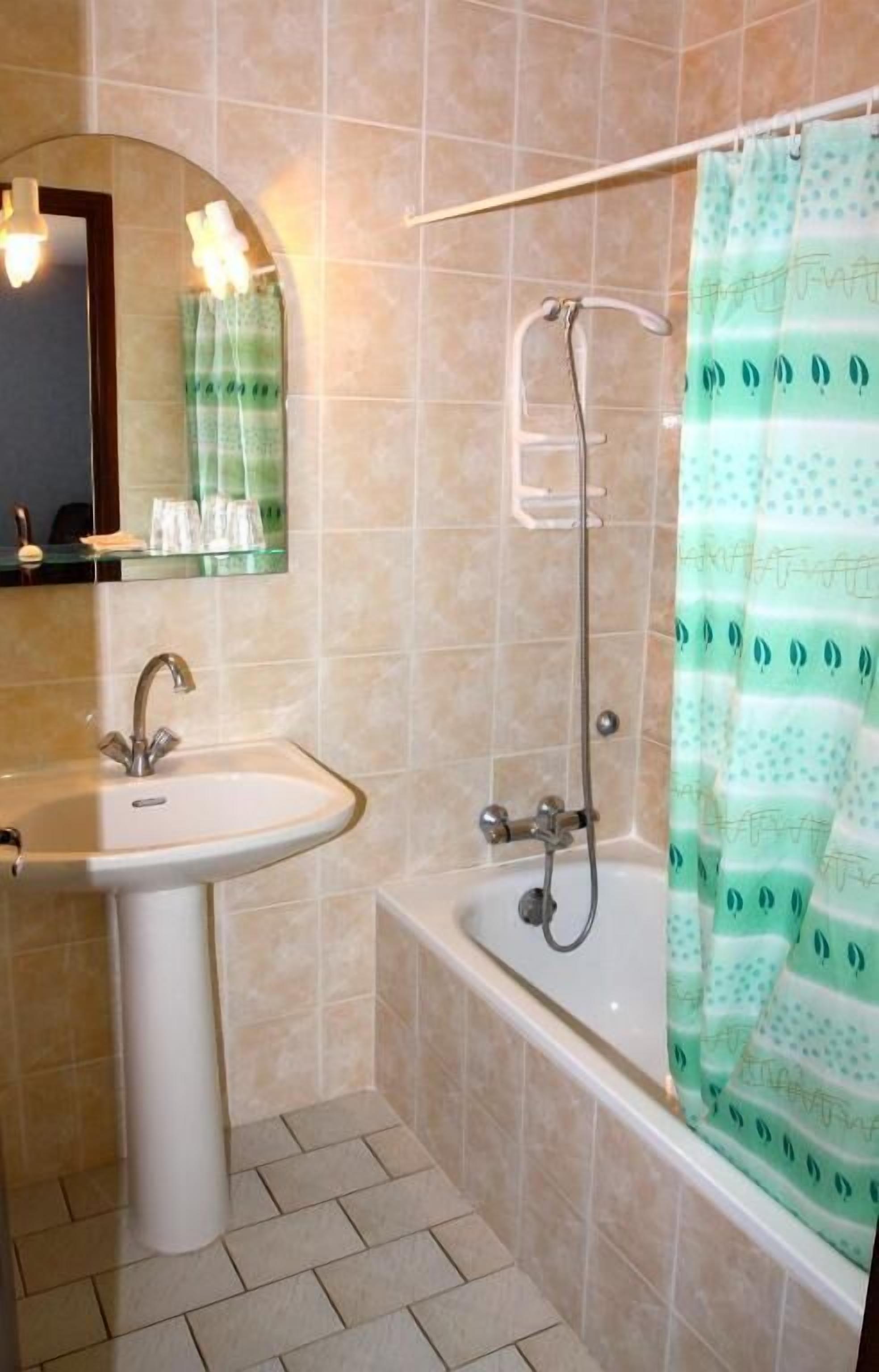 A bathroom with a sink, mirror, shower, and a green patterned shower curtain.
