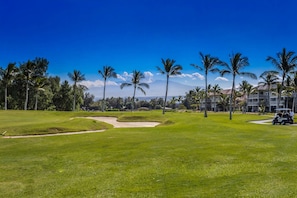 Un terrain de golf avec un ciel dégagé, des palmiers et un bâtiment en arrière-plan.