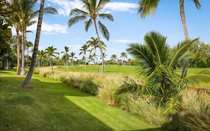 A golf course with palm trees and a clear sky.
