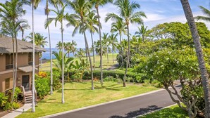 A residential area with a house, palm trees, and a road.