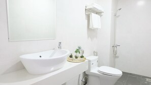 Hair dryer, towels, soap, toilet paper