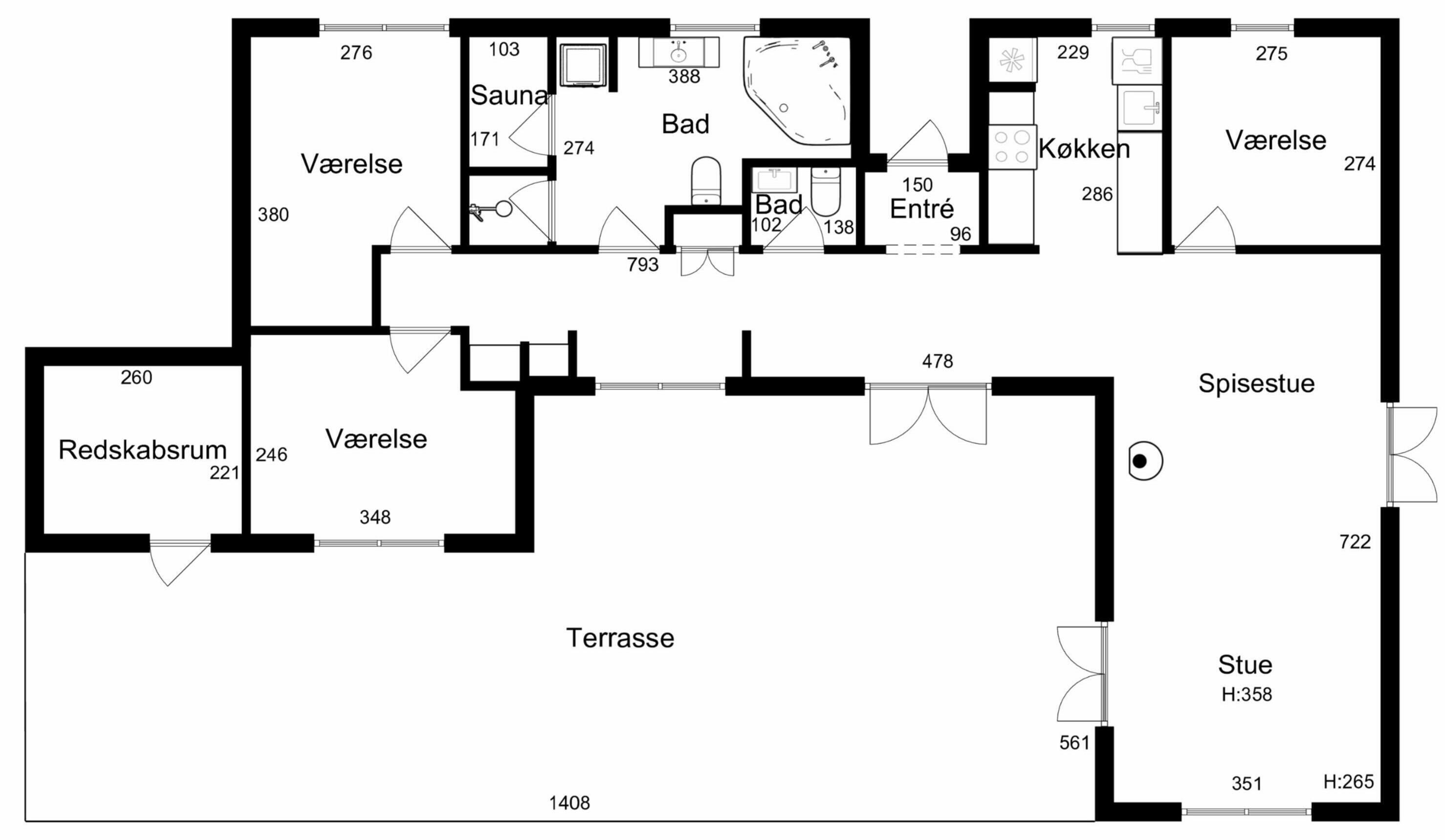 A hotel floor plan with multiple ensuite bathrooms, a sauna, and a terrace.