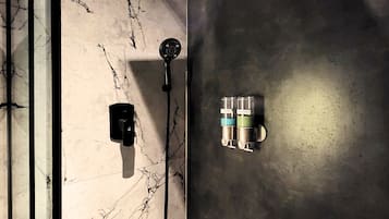 Hair dryer, bidet, towels, soap