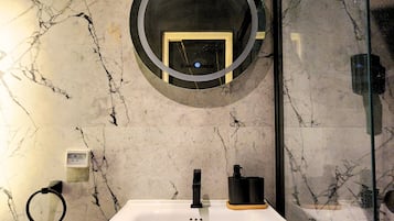 Hair dryer, bidet, towels, soap