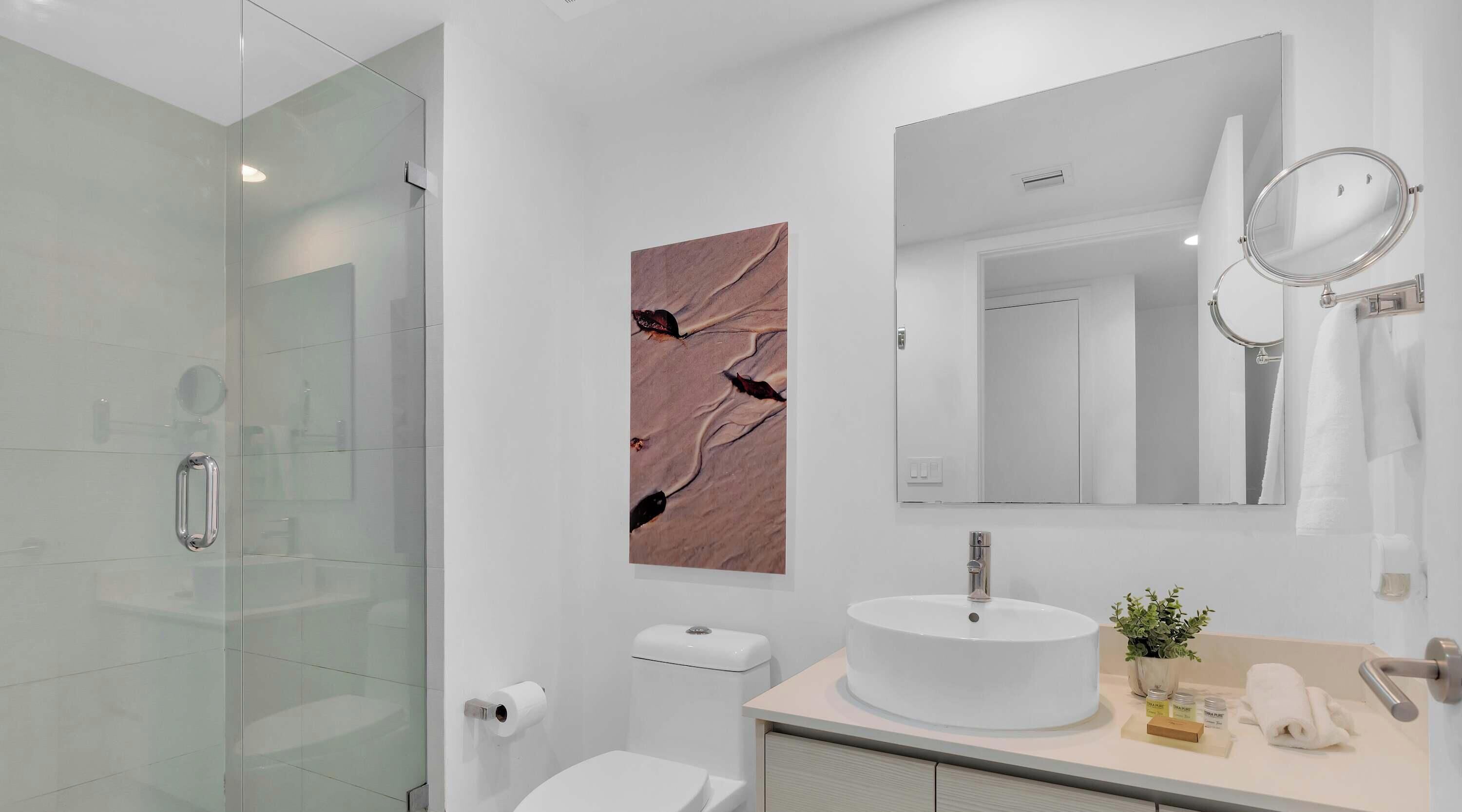 Une salle de bain moderne avec une douche à parois de verre, des toilettes, un lavabo avec un miroir et une œuvre d’art accrochée au mur.