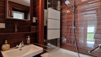 Shower, hair dryer, towels