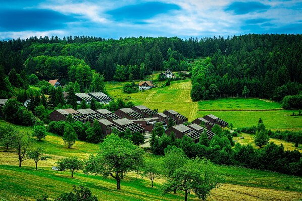 Un pueblo rural con casas tradicionales, una iglesia y una colina arbolada.