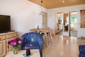 A modern living room with a television, a dining table, and a blue patterned chair.