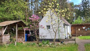 A rustic cabin with a wooden structure, a small shed, and a garden with flowering plants. - Tiny house in the Wingster Forest, near Nordesse, peace & relaxation in nature (Wingst)