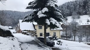 Un quartier résidentiel enneigé, avec une maison, une voiture garée et un arbre.
