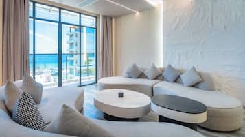 Departamento Premium, balcón, vista al mar | 1 habitación, sábanas de algodón egipcio y ropa de cama de alta calidad