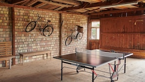 A ping pong table in a room with brick walls, wooden beams, and two bicycles mounted on the wall. - Apartment 'C' with Wi-Fi (Langenargen)