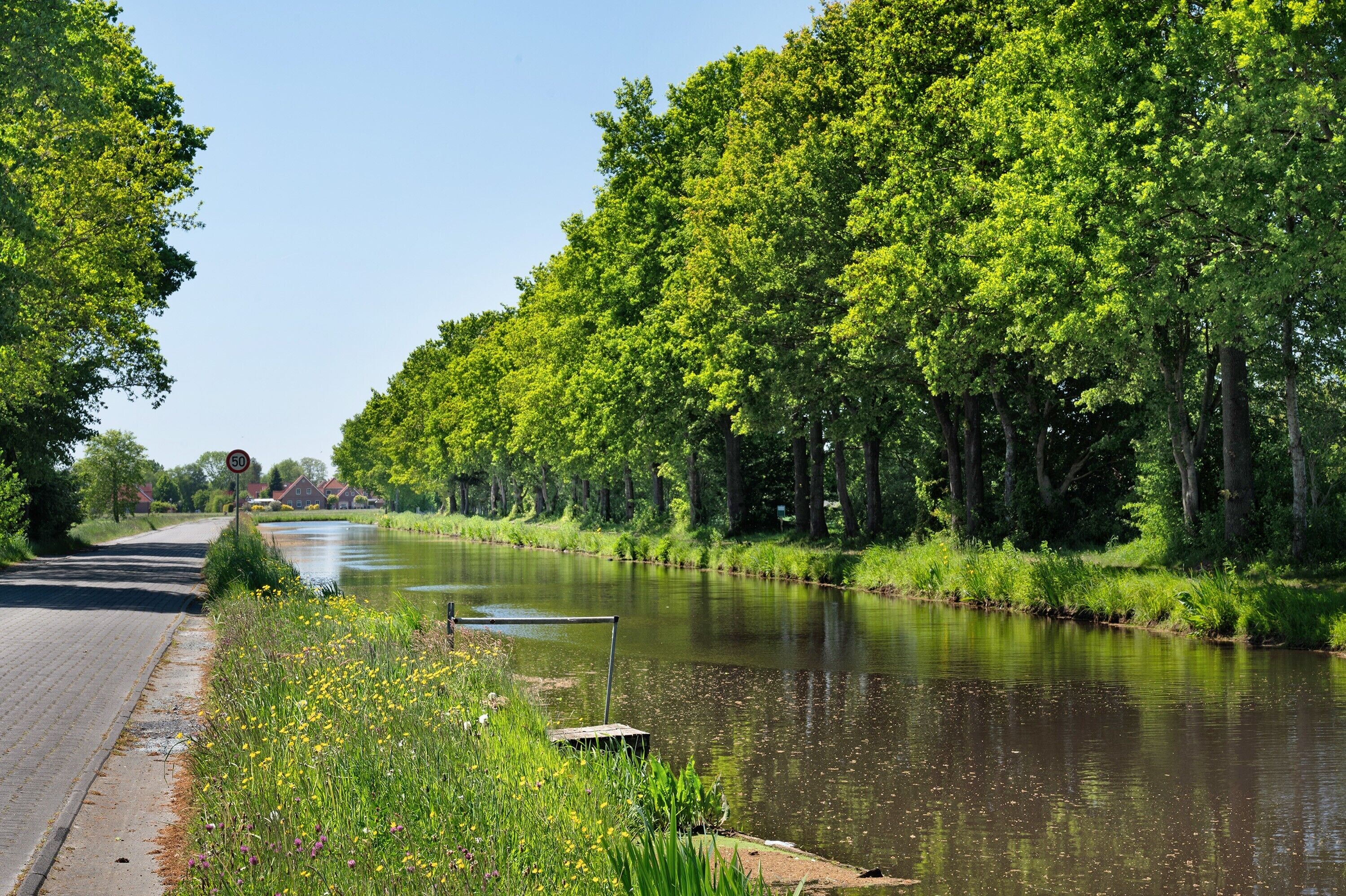 A canal with trees on one side and a paved path on the other.