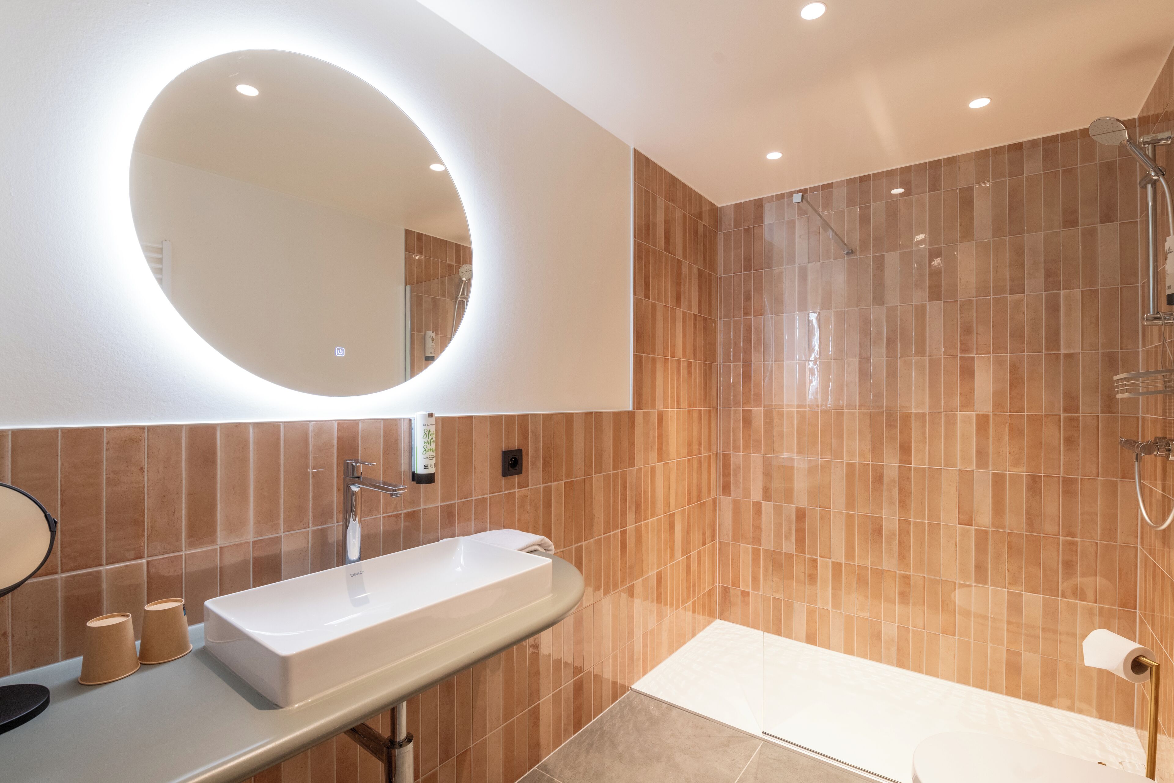 Une salle de bain moderne avec un grand miroir ovale, un lavabo rectangulaire et un espace douche.