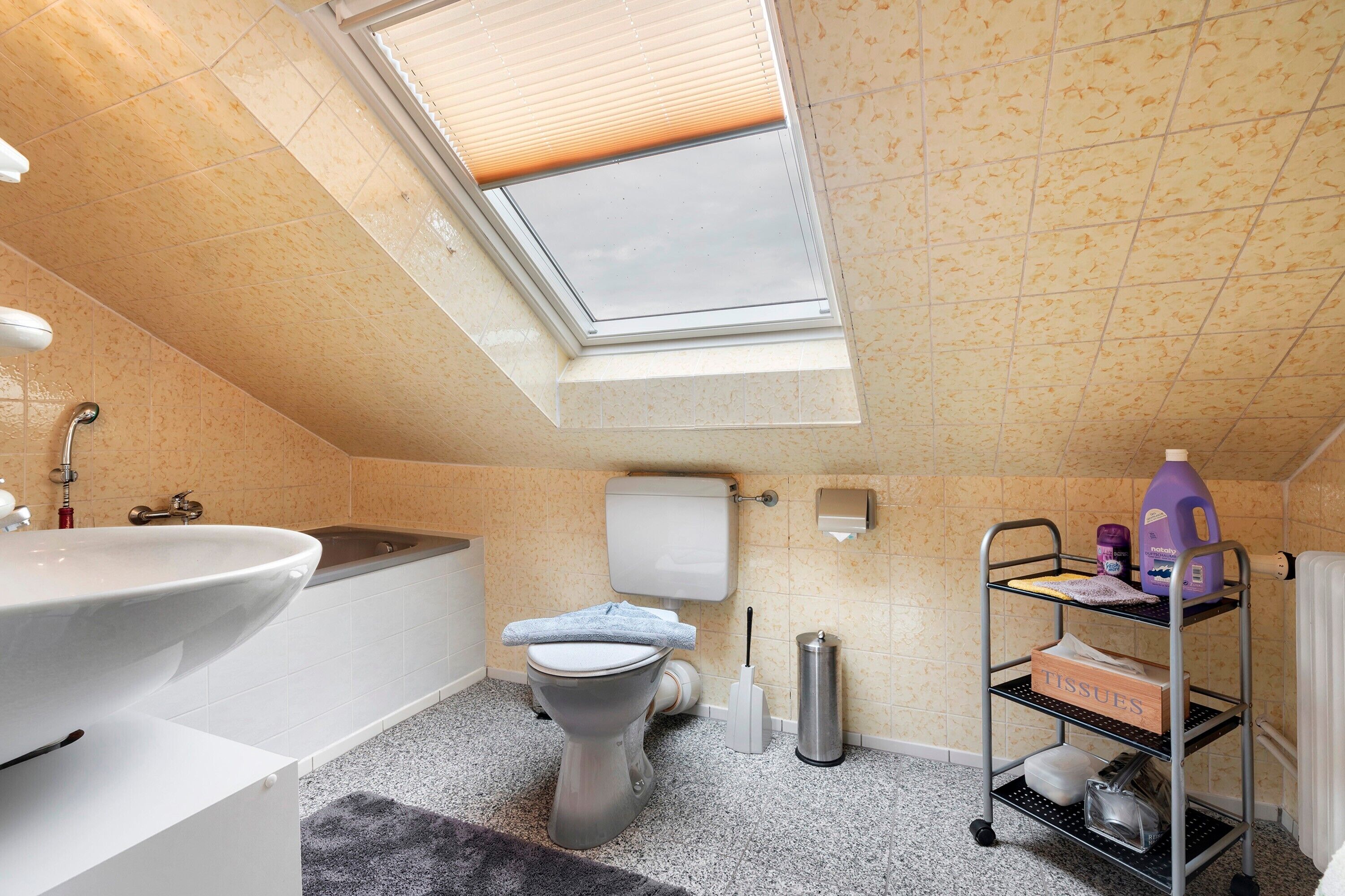 Ein Badezimmer mit Dachfenster, Waschbecken, Toilette, Badewanne und einem Rollwagen.