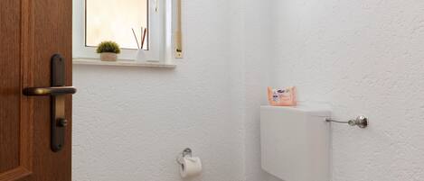 Een badkamer met een toilet, een houten deur, een raam met een plant en een toiletrol.