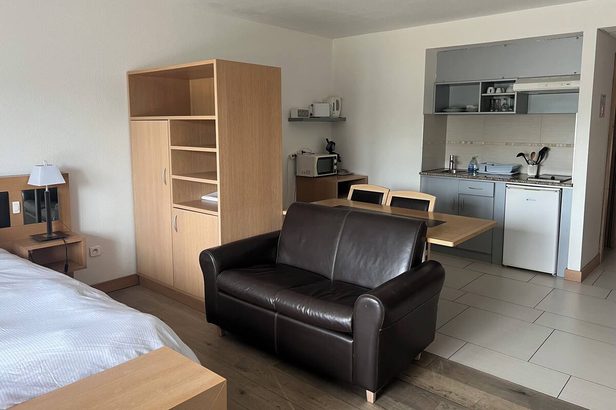 Une chambre d’hôtel compacte comprenant un lit, un canapé en cuir, une armoire en bois, une kitchenette et une petite table à manger.