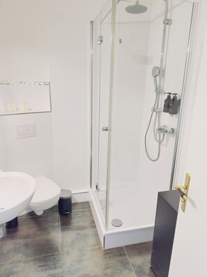 Douche, sèche-cheveux, serviettes fournies, savon
