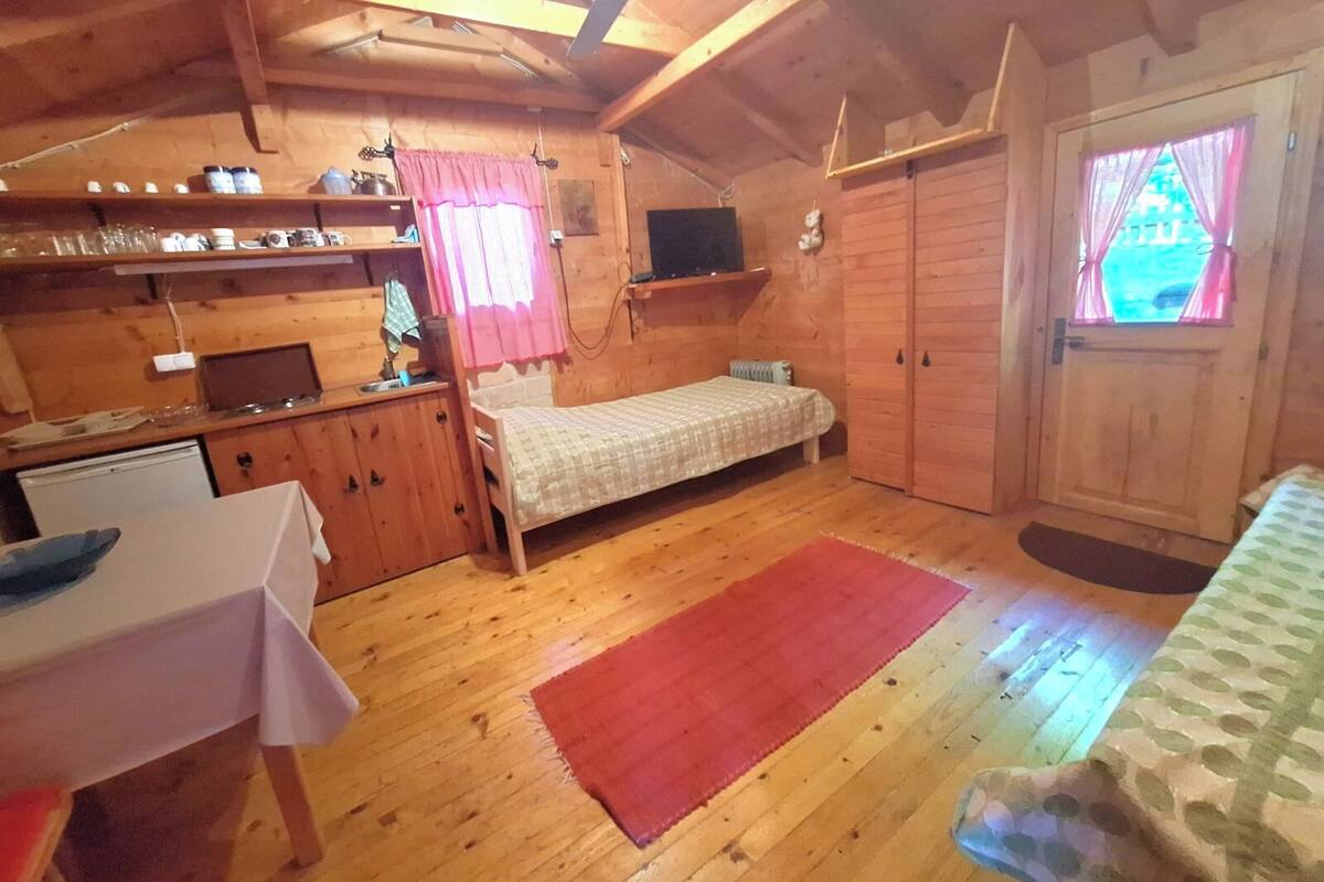 A cozy cabin with a wooden interior, a bed, a small table, a kitchen area with shelves, and a window with curtains.