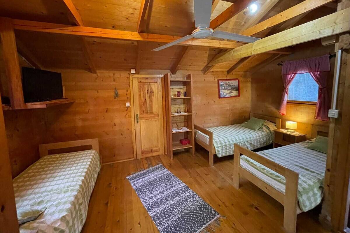 A cozy cabin with two wooden bunk beds, a ceiling fan, a small TV, and a window with curtains.