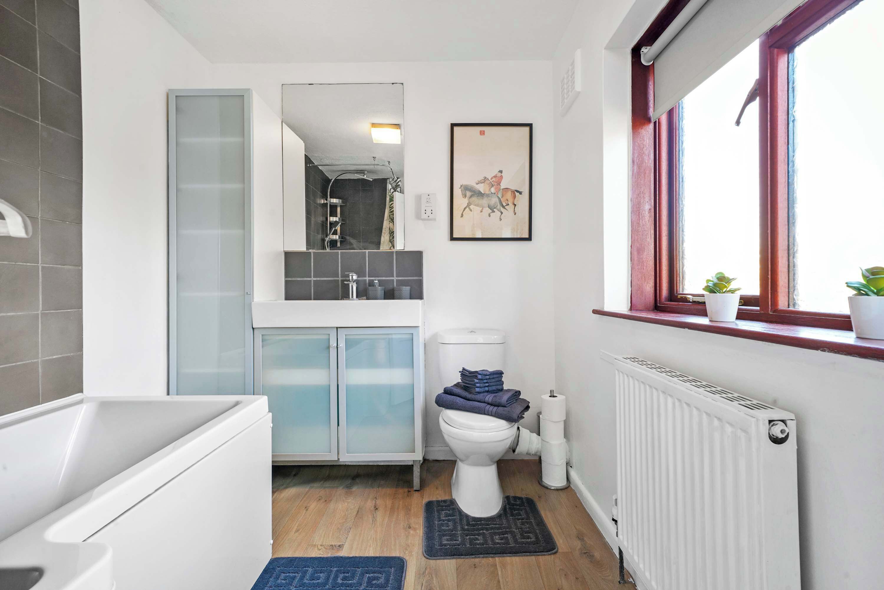 Shower, hair dryer, towels, shampoo