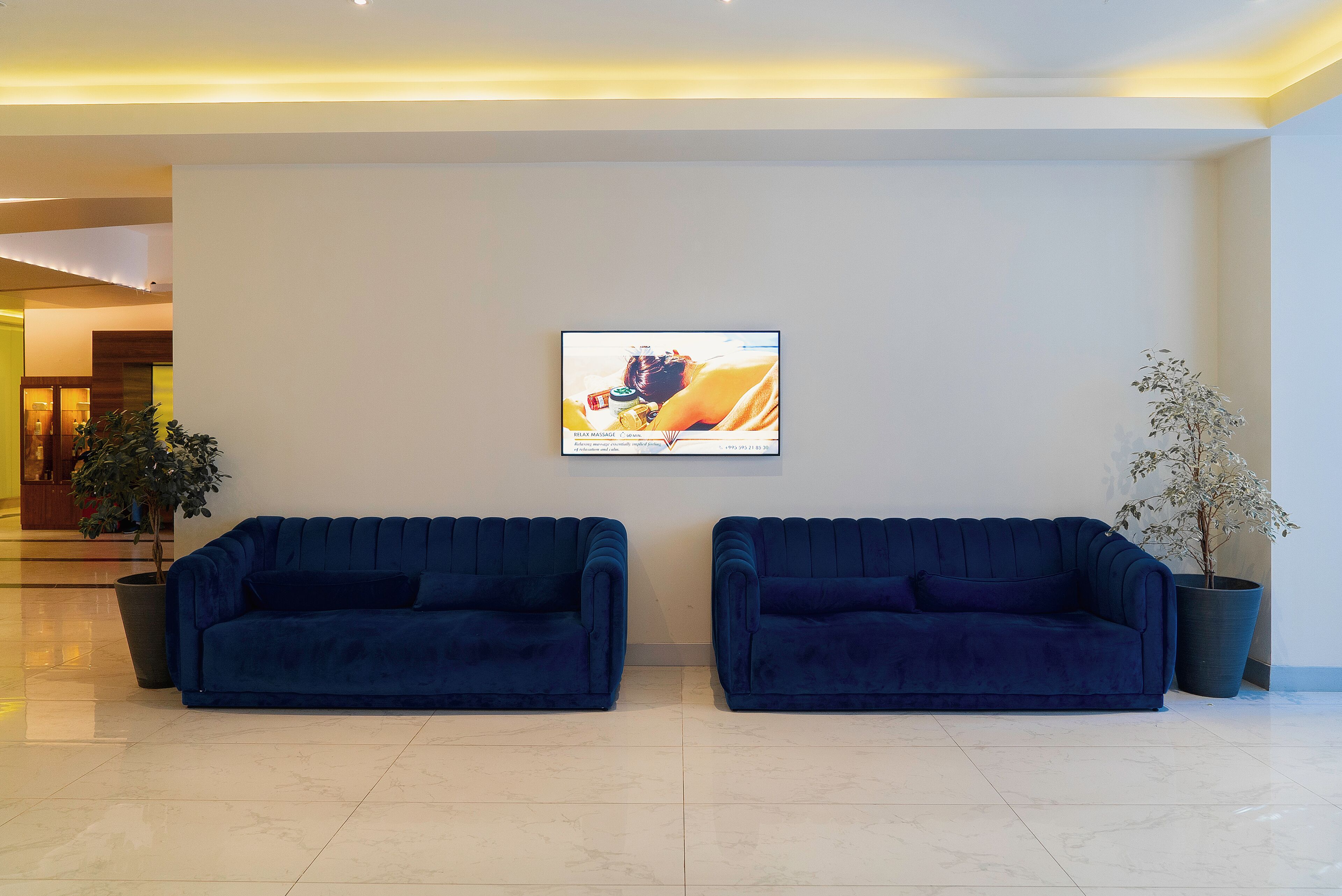 Een moderne lobby met twee blauwe banken, een grote potplant en een ingelijst advertentie op de muur.