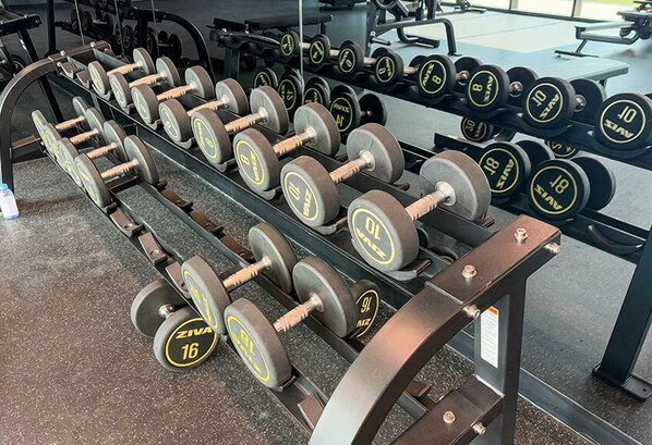 A rack of dumbbells in a gym with weights ranging from 10 to 16 kilograms. - Stylish 2BR Fully Furnished Unit at Business Bay (Dubai)