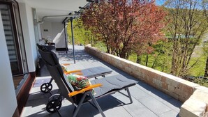 A balcony with a table and chairs, a small garden area, and a view of trees and a body of water.
