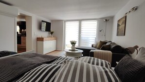 A modern bedroom with a bed, a sofa, a TV, and a window with blinds.