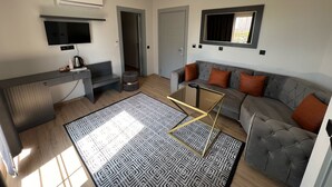 A modern living room with a grey sofa, a coffee table, a flat-screen TV, and a patterned rug. - Cim Pansiyon (Antalya)
