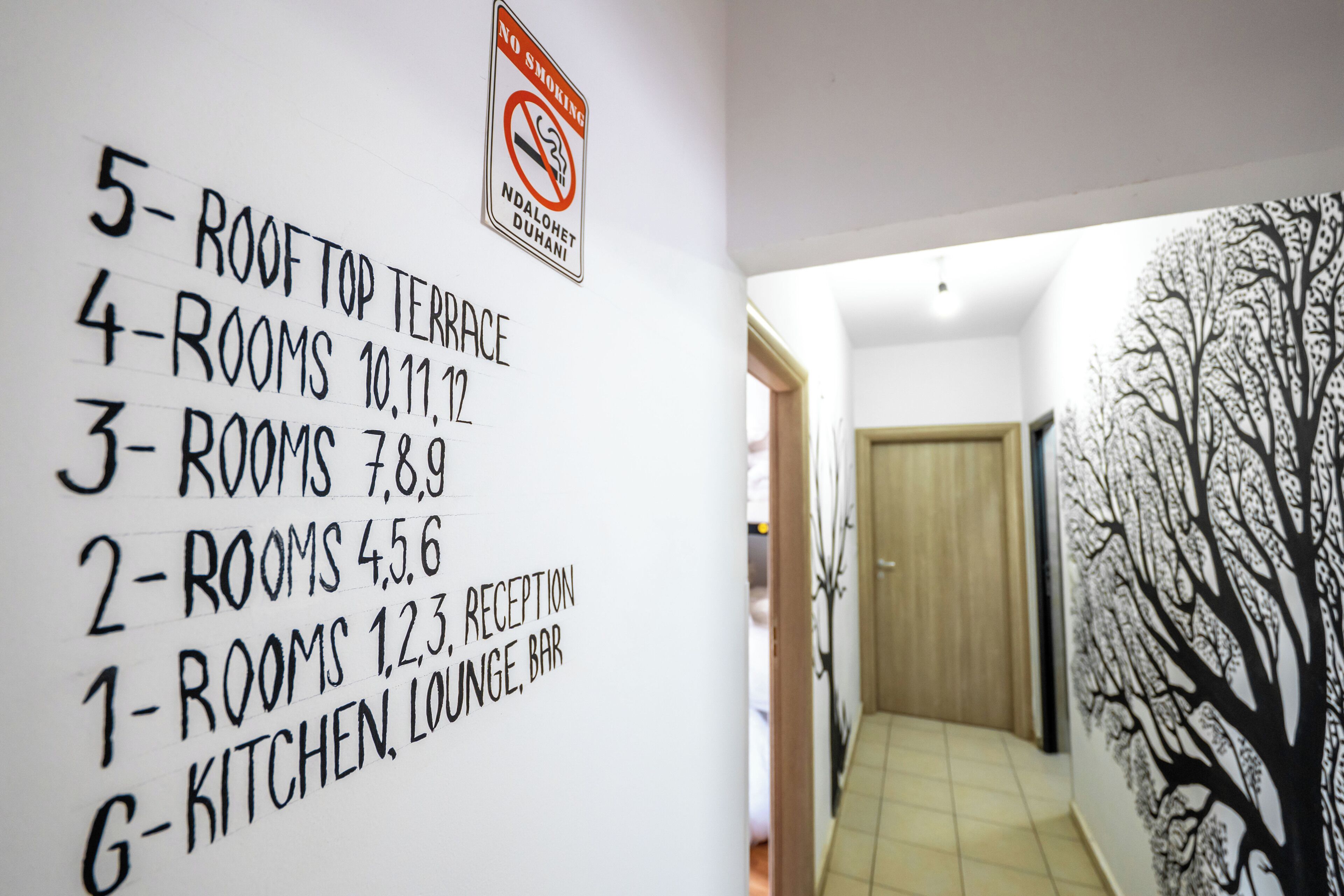 Un mur avec les numéros des chambres et les noms des occupants, un panneau «interdiction de fumer» et une fresque représentant un arbre.