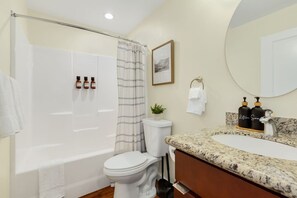 Hair dryer, towels, shampoo, toilet paper