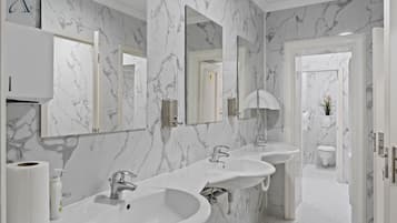 Separate tub and shower, hair dryer, towels, soap