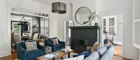 TV, fireplace, offices