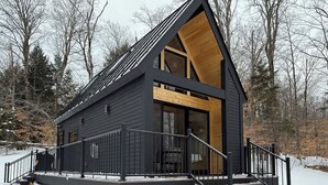 A modern cabin with a steep gable roof, large windows, and a wooden deck.