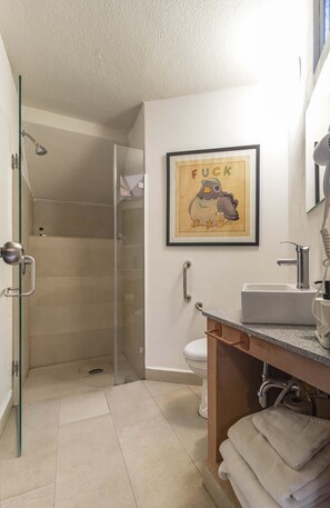 Shower, hair dryer, towels