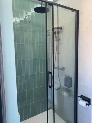 Shower, towels, soap, shampoo