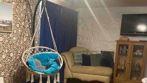 A living room with a hanging chair, a sofa, a television, and a cabinet. - 2 Bed-sleeps 3-dog Friendly-garden-riverside (Buxton)