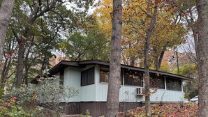 A cabin with a gabled roof, surrounded by trees and a leaf-covered ground. - Cozy Cottage Steps from the Beach in the North Fork (Calverton)
