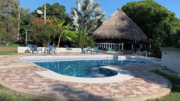 Ein Pool mit Steinrand, umgeben von Liegestühlen und einer Struktur mit einem Reetdach.