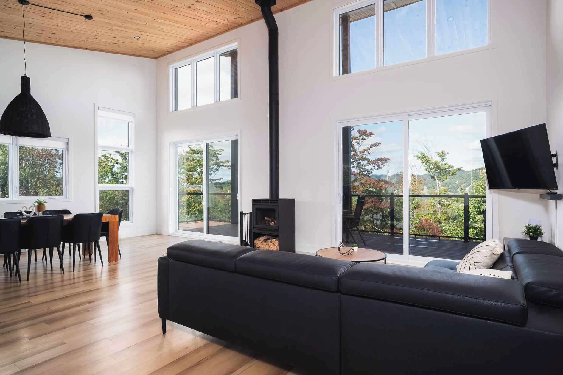 Televisión, chimenea y estéreo 