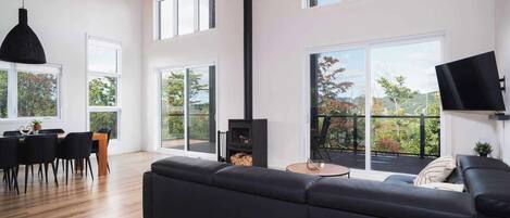 Een televisie, een open haard en een stereo