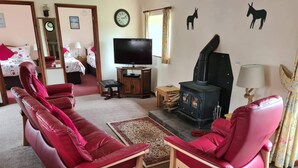A cozy living room with a fireplace, red leather sofas, a TV, and a clock on the wall.