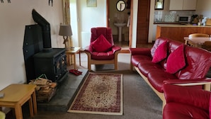 A cozy living room with a fireplace, a red leather sofa, a wooden chair, and a rug.
