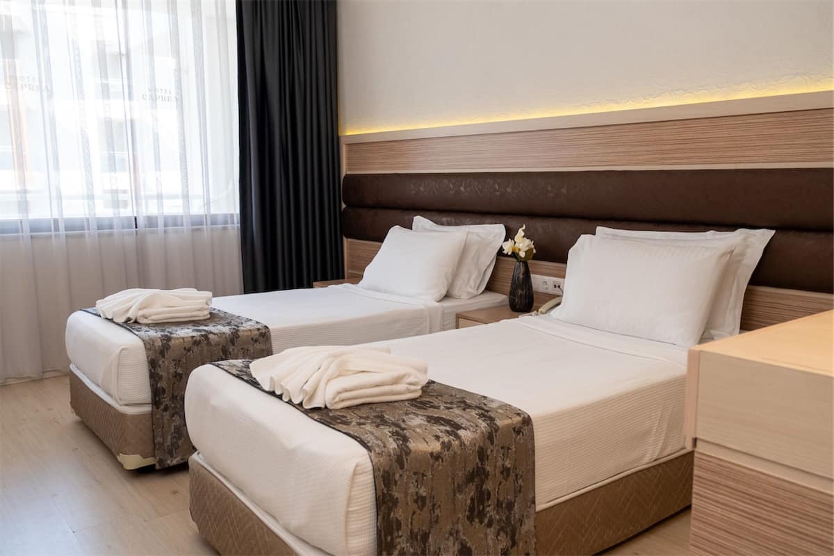A hotel room with two beds, a nightstand, a vase with flowers, and a window with curtains.