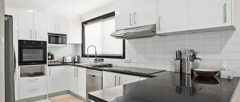 Fridge, microwave, oven, dishwasher